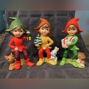 Vintage 3 piece set Christmas Pixie Elf Mushroom Bunny Deer Homco 5215